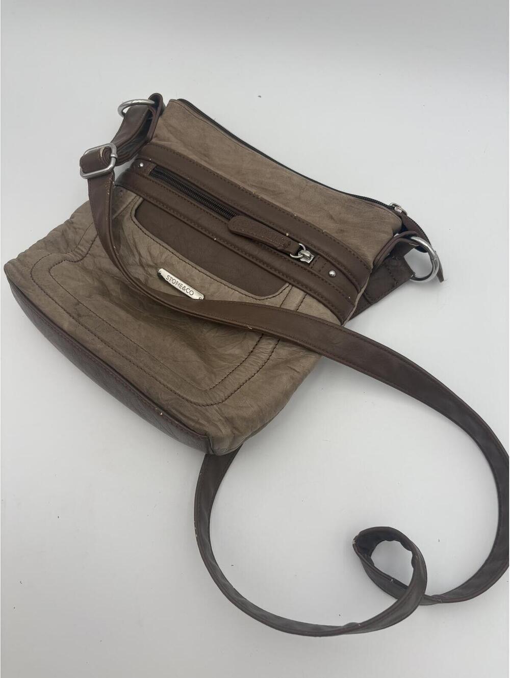 Stone & Co Brown and Taupe Crossbody Messenger Bag with Multiple Zip Pockets - Picture 7 of 8